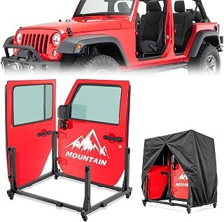 Door Storage Hanger Rack Bracket Holder Compatible with 1987-2026 Jeep Gladiator JT & Wrangler JK JKU JL JLU TJ YJ Removable Stand Cart Sliding for 2/4 Door (Black)