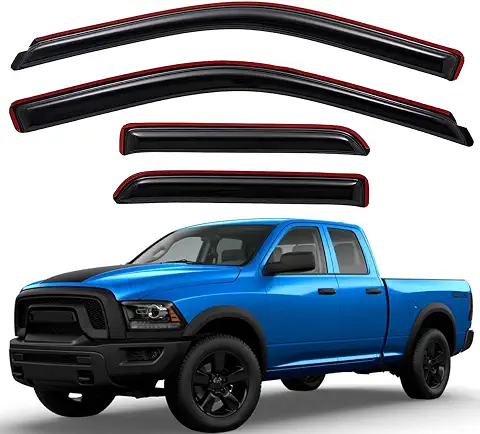 Lightronic 194101 Extra Durable Clip-on In-Channel Auto Vent Window Visors, Fits 2009-2010 Dodge Ram 1500, 2011-2018 Ram 1500, 2019-2024 Ram 1500 Classic, Quad Cab, UV-Protect Rain Guard, Smoke, 4-Pcs