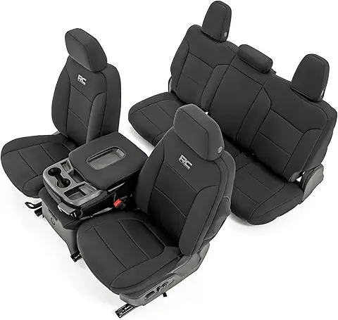 Rough Country Neoprene Seat Covers for Chevy Silverado & GMC Sierra 1500 (2019-2026) w/No Rear Seat Storage or Cup Holder - Waterproof & UV Resistant, Foam Padded, Front & Rear Row Cover Set