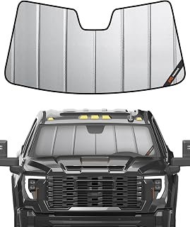 Windshield Sun Shade for Chevy Silverado & GMC Sierra 1500/2500/3500 2019-2026 (WT, Custom, Pro Trims) - Fits All Trims 2019-2021, Non-HUD Models Only, Premium Grey Leather Finish