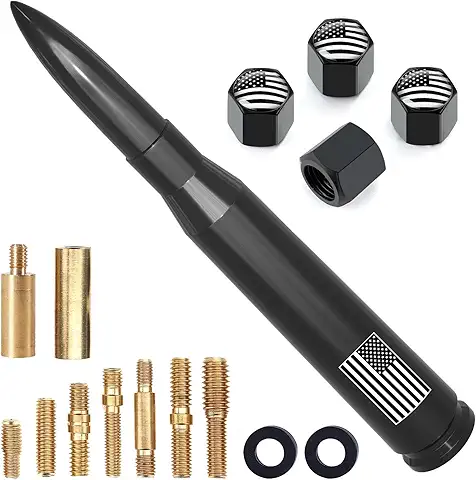 Car Truck Antenna with Tire Valve Caps American Flag Universal Short Replacement for GMC Sierra Chevy Silverado Dodge Ram 1500 2500 3500 Ford F150 F250 F350 Super Duty Raptor Radio Accessories, Black