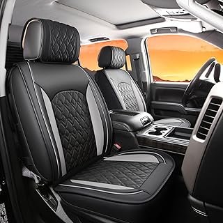 Chevy Silverado Seat Covers,Leather Seat Covers for GMC Sierra,Custom Fit 2007-2026 1500 2500HD 3500HD Crew Double Extended Regular Cab,LT LZT RST Trail Boss(Front Pair,Black Grey)