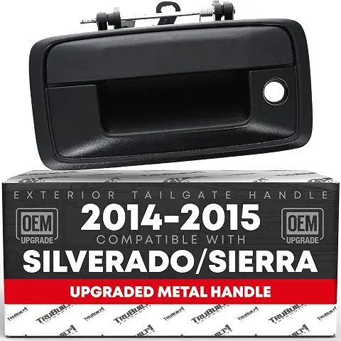 T1A Tailgate Handle Assembly, Upgraded Metal - Compatible with 2014-2015 Chevrolet Silverado, GMC Sierra 1500 2500 3500 HD - Liftgate Latch Handle - Textured Black - OEM 23128693, 23156948, 82539