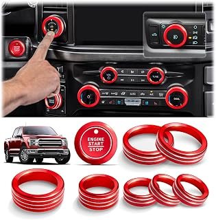 Polodunn for 2021-2026 Ford F-150 Accessories & 2023-2026 Super Duty F250 F350 F450, 9PCS Aluminum Alloy Knob Cover Trim Set - Push Start, A/C, Volume, Headlight, Trailer & Drive Mode (Red)
