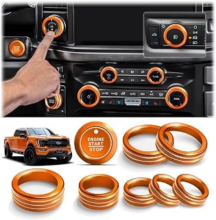 Polodunn for 2021-2026 Ford F-150 Accessories & 2023-2026 Super Duty F250 F350 F450, 9PCS Aluminum Alloy Knob Cover Trim Set - Push Start, A/C, Volume, Headlight, Trailer & Drive Mode (Orange)