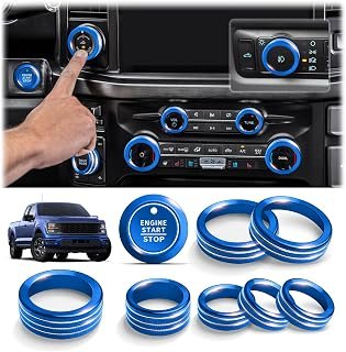 Polodunn for 2021-2026 Ford F-150 Accessories & 2023-2026 Super Duty F250 F350 F450, 9PCS Aluminum Alloy Knob Cover Trim Set - Push Start, A/C, Volume, Headlight, Trailer & Drive Mode (Blue)