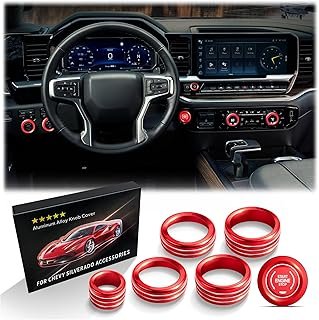 Polodunn for 2022-2025 2026 Chevy Silverado 1500 Accessories & 2024-2026 Chevrolet Silverado 2500HD/3500HD, 7pcs Aluminum Alloy Knob Cover Trim Kit (Red) - Push Start, AC, Volume, Headlight & Mode