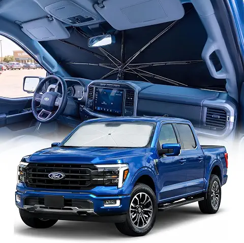 [2026 Upgraded] Weektic Truck Windshield Sun Shade for F-150/Silverado/Tundra/RAM 1500/Sierra - 5 Layers Ice Crystal Coating Blocks 99% UV, Cools Interior | 360° Swivel Handle for Easy Use
