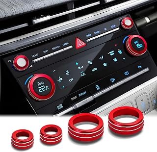 for 2024-2026 Hyundai Santa Fe, 2025-2026 Santa Cruz & Tucson Accessories, DvlynAuroa 4PCS Aluminum Alloy Knob Cover Trim Set for A/C Control & Volume Knob (Red, Not for SE Trims)