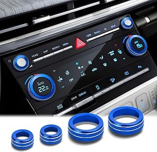 for 2024-2026 Hyundai Santa Fe, 2025-2026 Santa Cruz & Tucson Accessories, DvlynAuroa 4PCS Aluminum Alloy Knob Cover Trim Set for A/C Control & Volume Knob (Blue, Not for SE Trims)