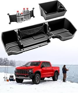 Truck Underseat Storage for Silverado Sierra: 2019-2026 Crew/Double Cab, Rear Under Seat Organizer Tool Box Car Accessory for Chevy Silverado & GMC Sierra 1500 2500HD 3500HD (w/ Detach Bin & Mesh Net)