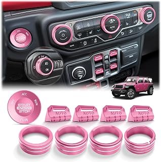 for 2018-2026 Jeep Wrangler JL JLU & 2020-2026 Gladiator JT Accessories, 10PCS Aluminum Knob & Button Cover Set for Power Window Switch, Push Start, AC, Volume & Headlight, Pink