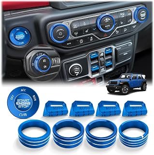for 2018-2026 Jeep Wrangler JL JLU & 2020-2026 Gladiator JT Accessories, 10PCS Aluminum Knob & Button Cover Set for Power Window Switch, Push Start, AC, Volume & Headlight, Blue