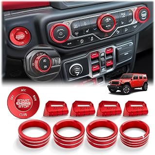 for 2018-2026 Jeep Wrangler JL JLU & 2020-2026 Gladiator JT Accessories, 10PCS Aluminum Knob & Button Cover Set for Power Window Switch, Push Start, AC, Volume & Headlight, Red