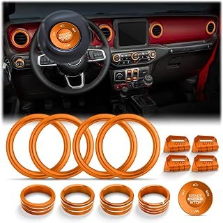 For 2018-2023 Jeep Wrangler JL JLU & 2020-2023 Gladiator JT Accessories, JIYOUNGSEN 14PCS Aluminum Knob & Button Cover Set for Power Window Switch, Push Start, AC, Volume, Headlight & Air Vent, Orange