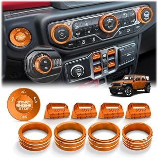 for 2018-2026 Jeep Wrangler JL JLU & 2020-2026 Gladiator JT Accessories, 10PCS Aluminum Knob & Button Cover Set for Power Window Switch, Push Start, AC, Volume & Headlight, Orange