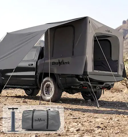Inflatable truck-bed tent with awning