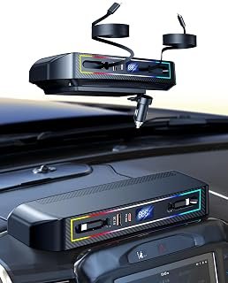 Car Charger Docking Station for RAM 1500 (2019 2020 2021 2022 2023 2024 2025) Accessories with RGB Light, 4-Port Charging Hub with Retractable Cable, Cell Phone Fast Charging for RAM 1500 Truck