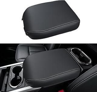 INTGET for 2016-2024 Nissan Titan Center Console Cover Bucket Seat Leather Middle Armrest Lid Protector Arm Rest Cover for 2017 2018 2019 2020 2021 2022 2023 Nissan Titan Accessories (White Stitches)