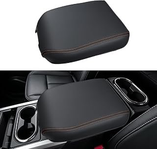 INTGET for 2016-2024 Nissan Titan Center Console Cover Bucket Seat Leather Middle Armrest Lid Protector Arm Rest Cover for 2017 2018 2019 2020 2021 2022 2023 Nissan Titan Accessories (Orange Stitches)