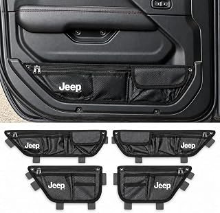 Officially Licensed Jeep Door Storage Bags for Wrangler JL 2018-2027 & Gladiator JT 2020-2027 – Carbon Fiber PU Leather Door Organizer Set, Front & Rear Door Storage Pockets, No-Drill Installation