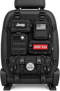 SR1 Performance USA Officially Licensed Jeep Seat Back Organizer with Interchangeable Patches – Heavy Duty 600D Polyester Multi-Pocket Car Seat Protector Kick Mat Storage for Wrangler, Gladiator, SUVs