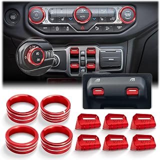 Polodunn for 2018-2027 Jeep Wrangler JL/JLU 4-Door Unlimited & 2020-2026 Gladiator JT Accessories, Knob Cover & Alloy Window Button Cover Set, Fits 6 Power Window Switch (RED, 10PCS | 2018-2026+)