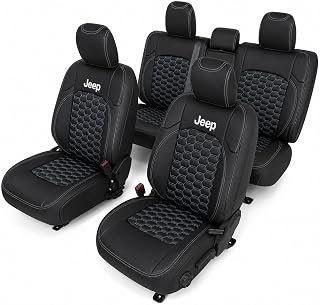 Officially Licensed Custom Fit Seat Covers for 2020+ Jeep Gladiator JT – Front & Rear Set of 4, Premium Artificial Leather with Embroidered Logos (All Black w/ Honeycomb (White Stitching)