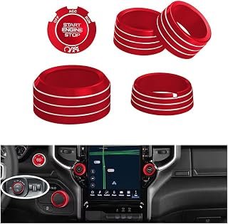 Aluminum Knob Covers for 2019-2026 Dodge RAM 1500 2500 3500 - Fits AC, Volume, Rotary Shifter, Headlight & Push Start Buttons（6pcs）(red)
